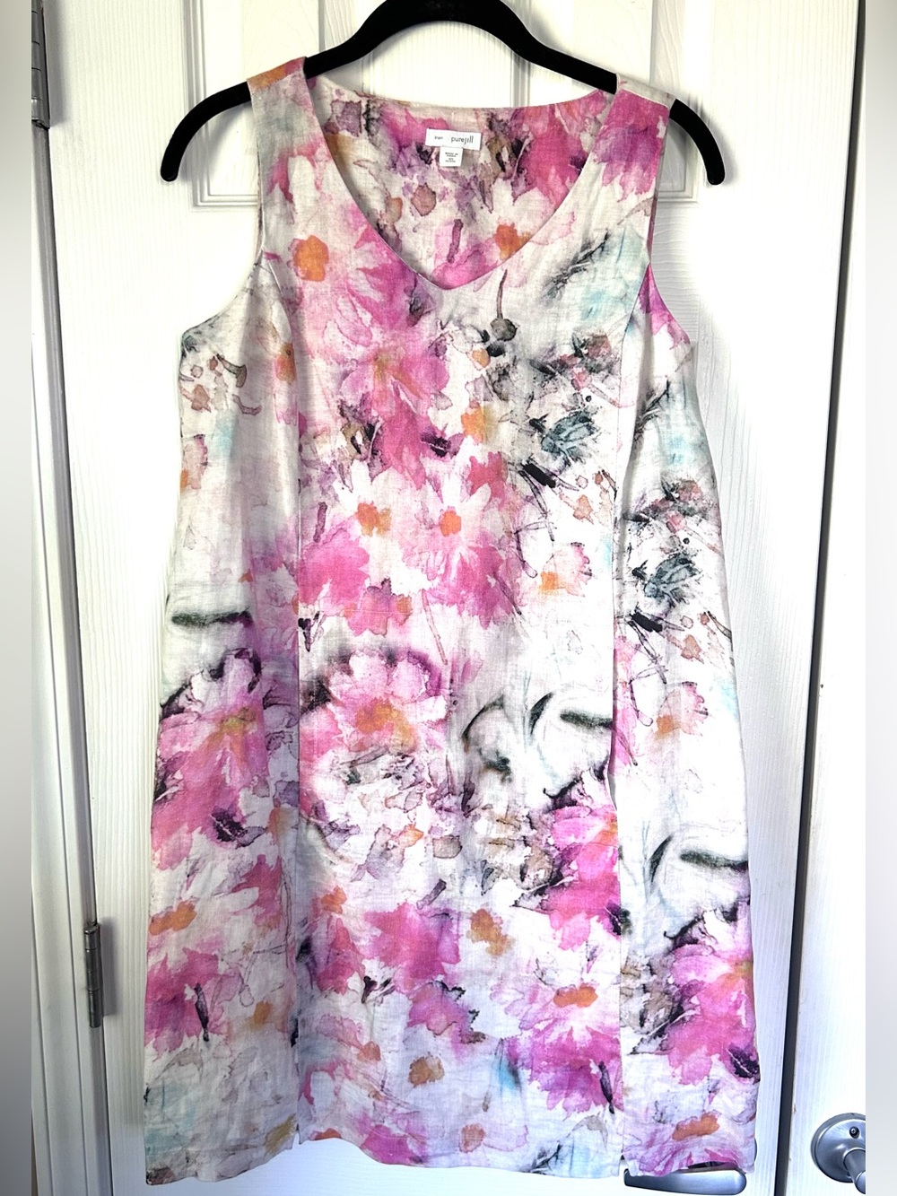 Pure Jill 100% Linen Floral Shift Dress Pink Watercolor Petite XS